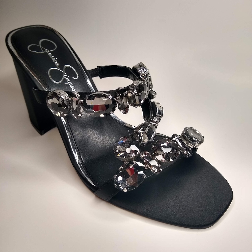 New Jessica Simpson Black White Jewel Mule Sandals